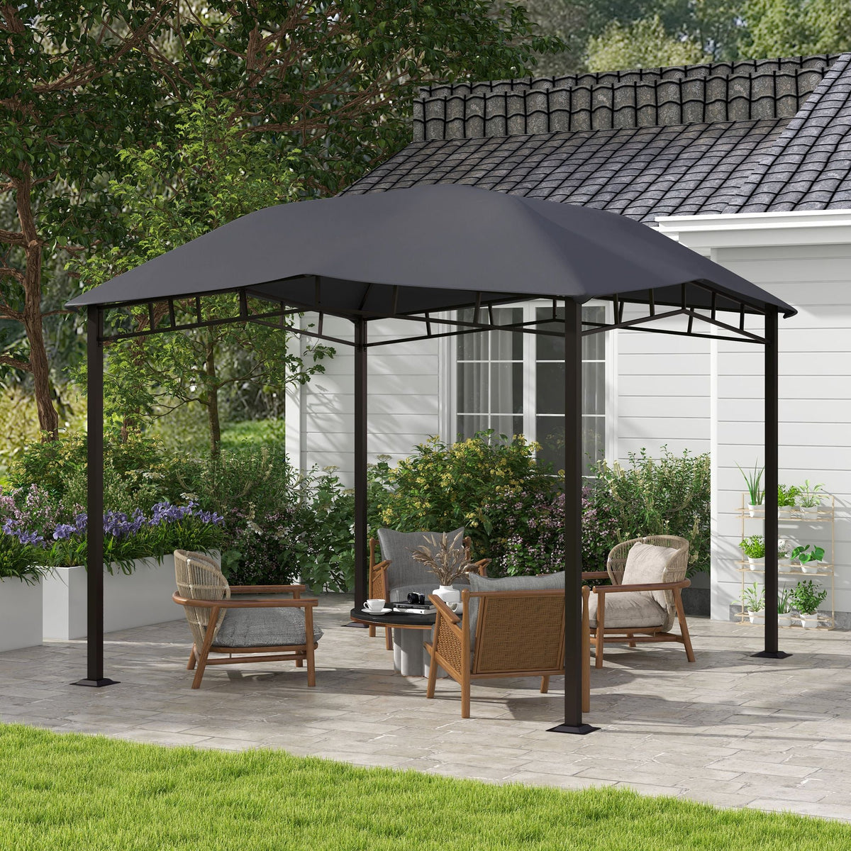 10' x 10' Soft Top Patio Gazebo Outdoor Canopy with Geometric Roof, All-weather Steel Frame, Gray - MC Online