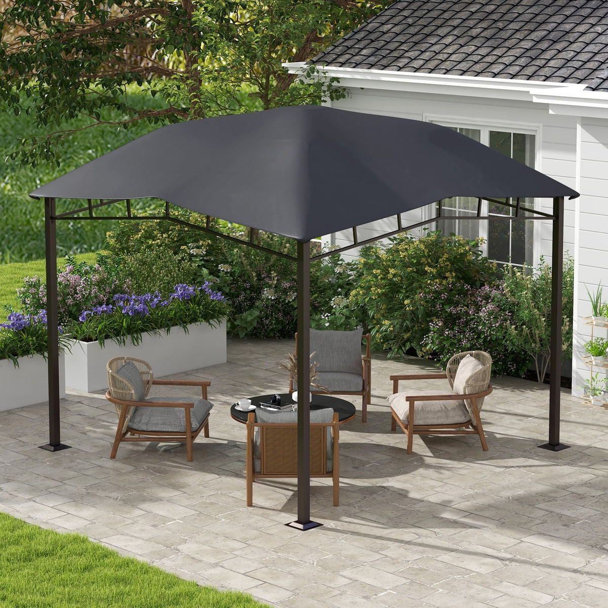 10' x 10' Soft Top Patio Gazebo Outdoor Canopy with Geometric Roof, All-weather Steel Frame, Gray - MC Online