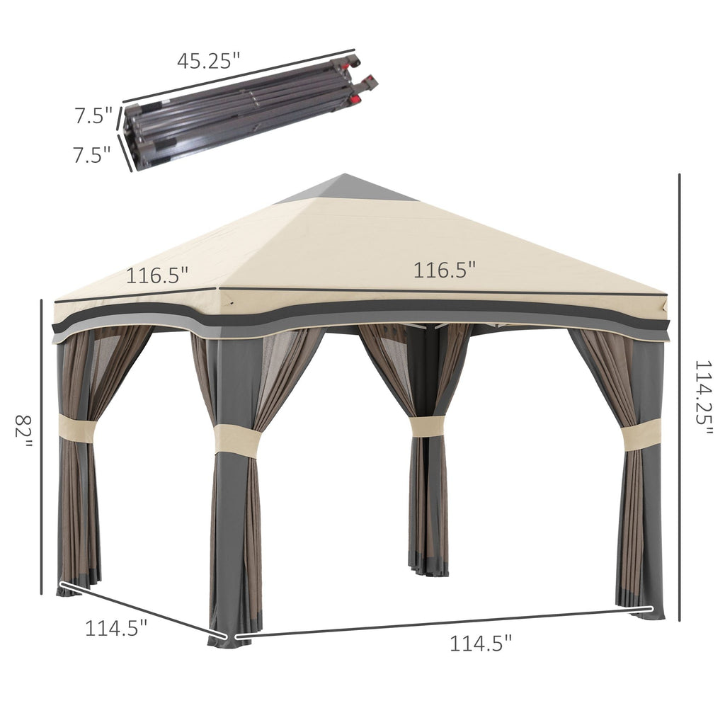 10x10 Pop Up Canopy, Netting, Foldable, Height Adjustable, Wheeled Carry Bag, 4 Sand Bags, Beige - MC Online