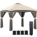 10x10 Pop Up Canopy, Netting, Foldable, Height Adjustable, Wheeled Carry Bag, 4 Sand Bags, Beige - MC Online