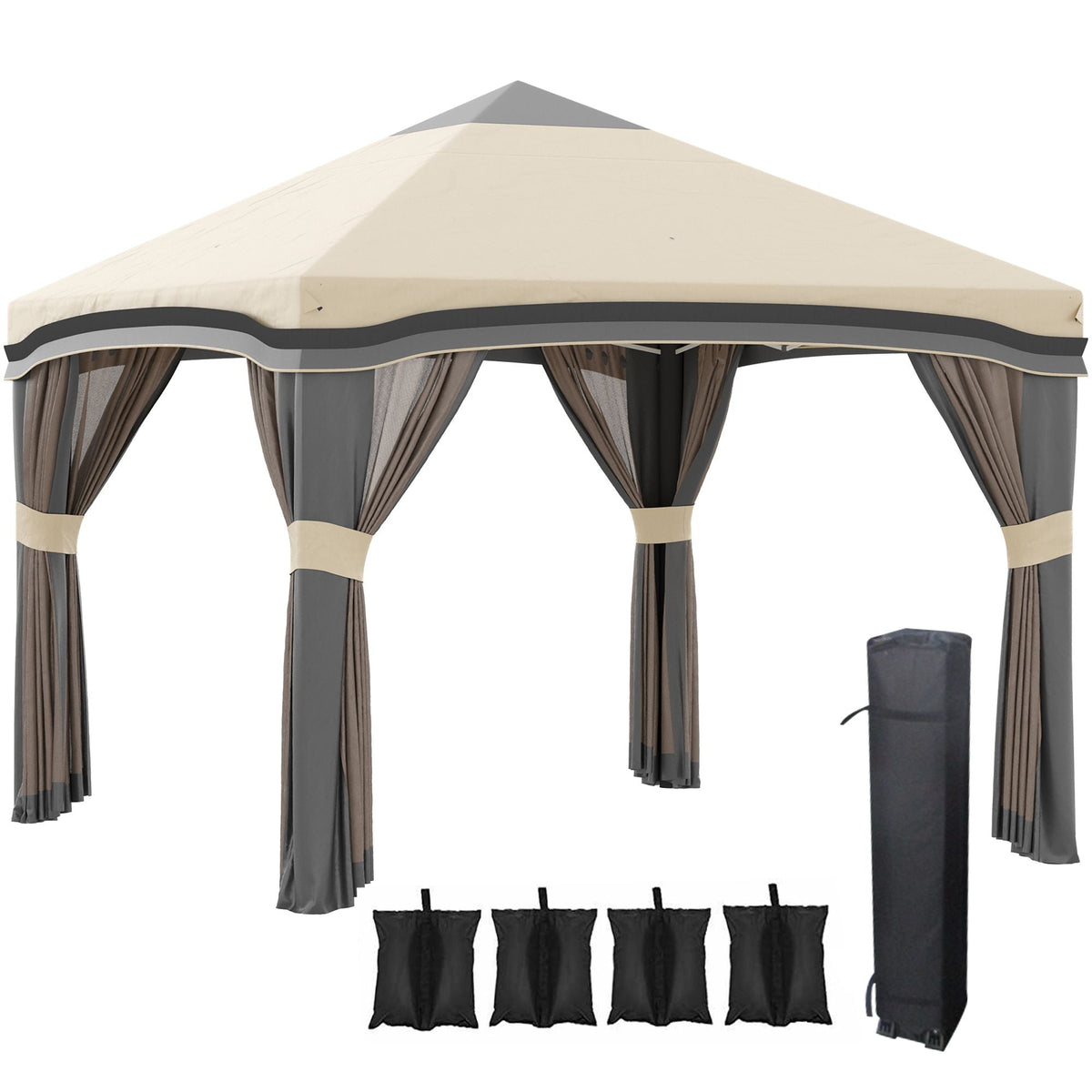 10x10 Pop Up Canopy, Netting, Foldable, Height Adjustable, Wheeled Carry Bag, 4 Sand Bags, Beige - MC Online
