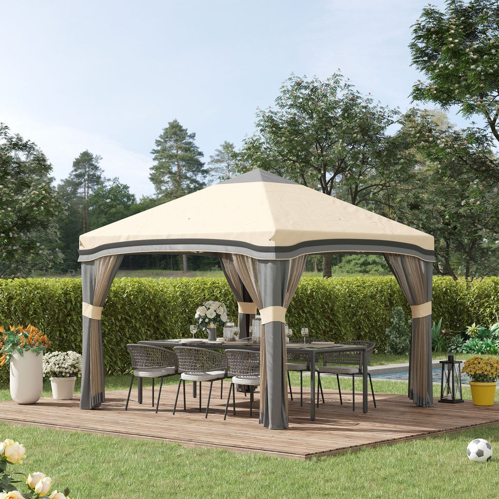 10x10 Pop Up Canopy, Netting, Foldable, Height Adjustable, Wheeled Carry Bag, 4 Sand Bags, Beige - MC Online