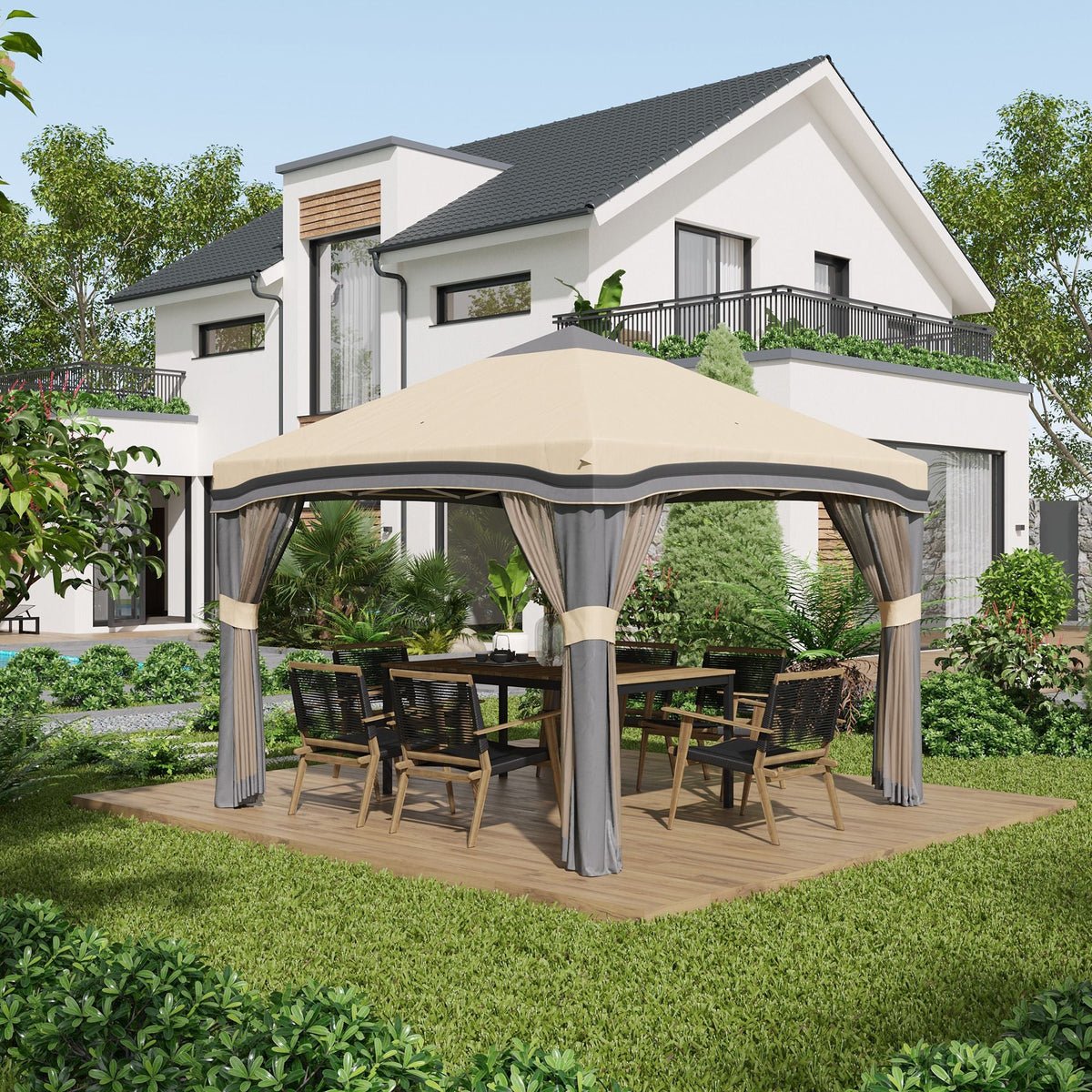10x10 Pop Up Canopy, Netting, Foldable, Height Adjustable, Wheeled Carry Bag, 4 Sand Bags, Beige - MC Online