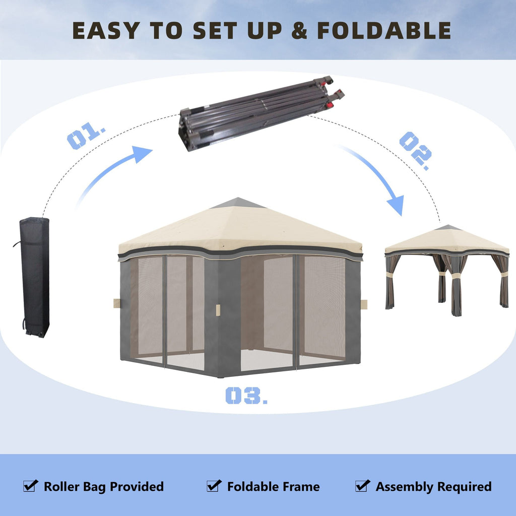 10x10 Pop Up Canopy, Netting, Foldable, Height Adjustable, Wheeled Carry Bag, 4 Sand Bags, Beige - MC Online