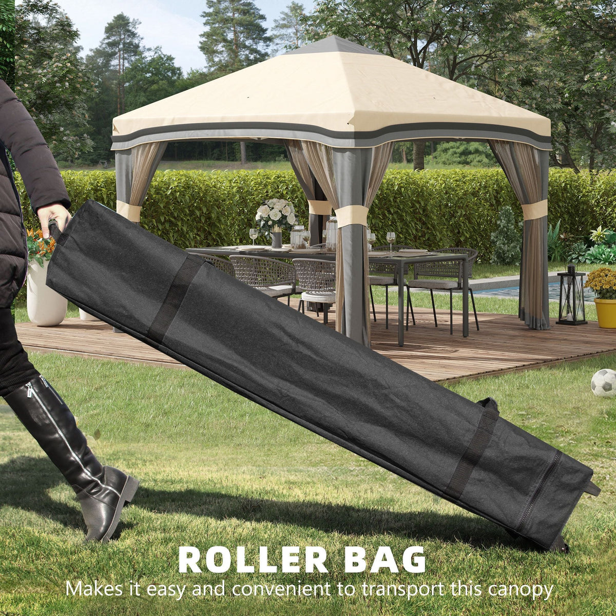 10x10 Pop Up Canopy, Netting, Foldable, Height Adjustable, Wheeled Carry Bag, 4 Sand Bags, Beige - MC Online