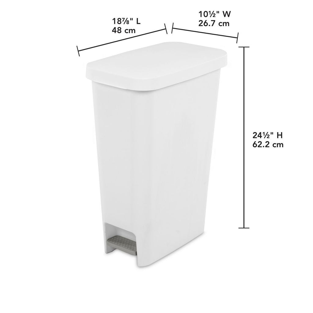 11gal Slim Step Trash Can - White Pedal-Operated Lid, Textured Indoor Kitchen Trashcan, 11 Gallon Capacity - MC Online
