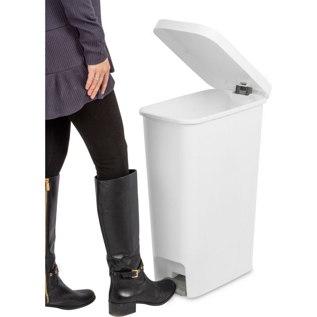 11gal Slim Step Trash Can - White Pedal-Operated Lid, Textured Indoor Kitchen Trashcan, 11 Gallon Capacity - MC Online