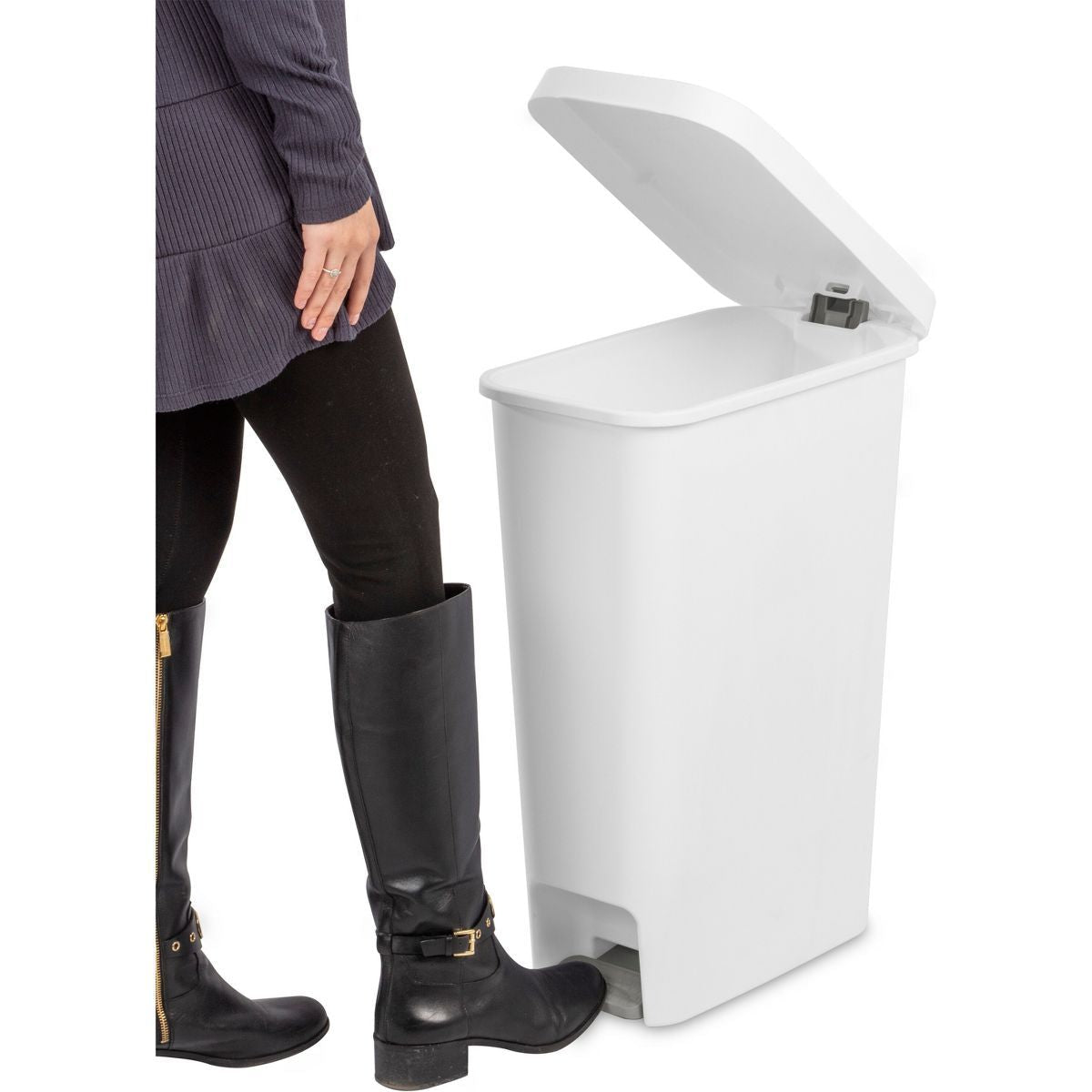 11gal Slim Step Trash Can - White Pedal-Operated Lid, Textured Indoor Kitchen Trashcan, 11 Gallon Capacity - MC Online