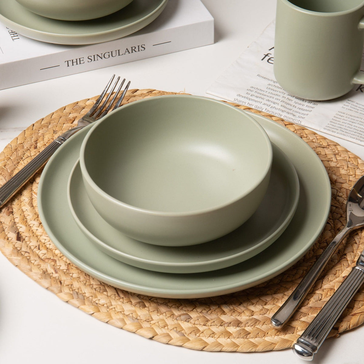 12-Piece Stoneware Dinnerware Sets with Mugs | Microwave & Dishwasher Safe | Non-Toxic Dinner Plates Bowls Set | Stackable Matte Glaze Kitchenware for 3 - MC Online