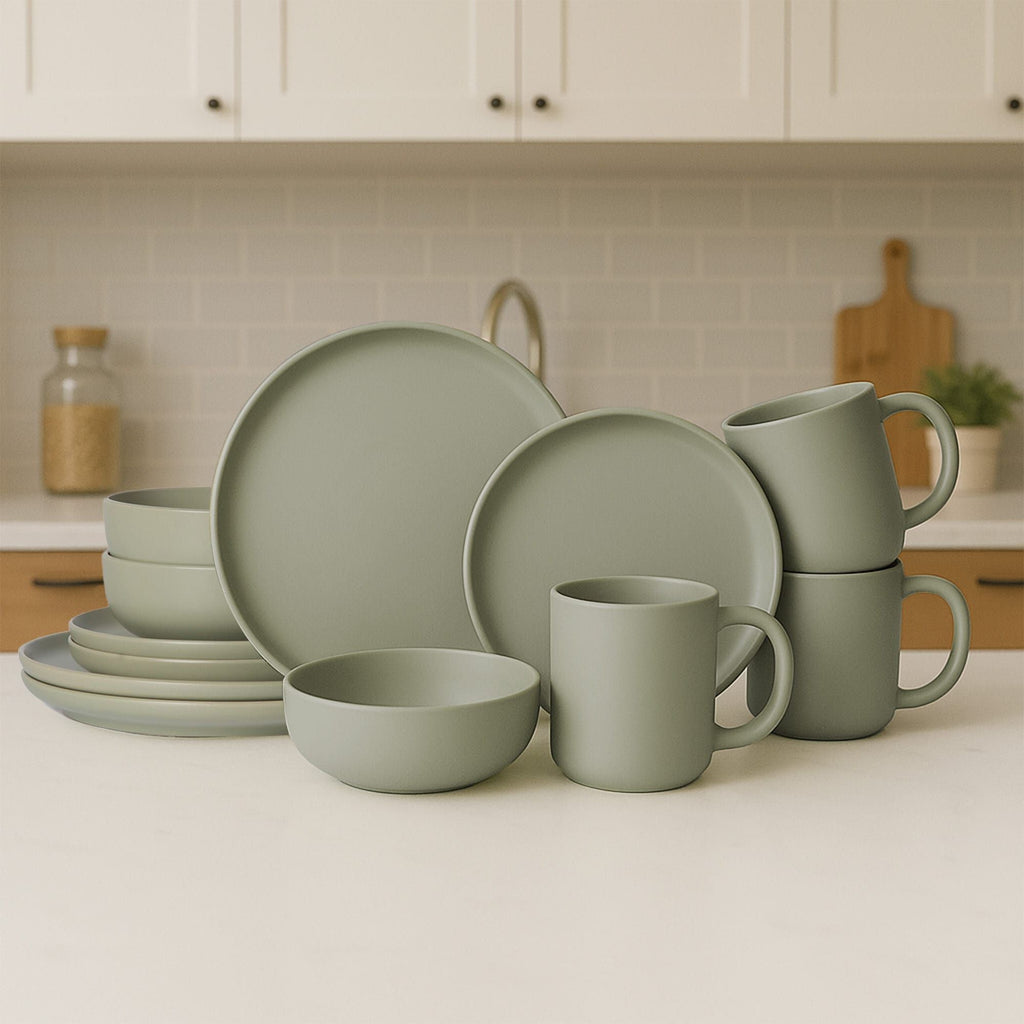 12-Piece Stoneware Dinnerware Sets with Mugs | Microwave & Dishwasher Safe | Non-Toxic Dinner Plates Bowls Set | Stackable Matte Glaze Kitchenware for 3 - MC Online