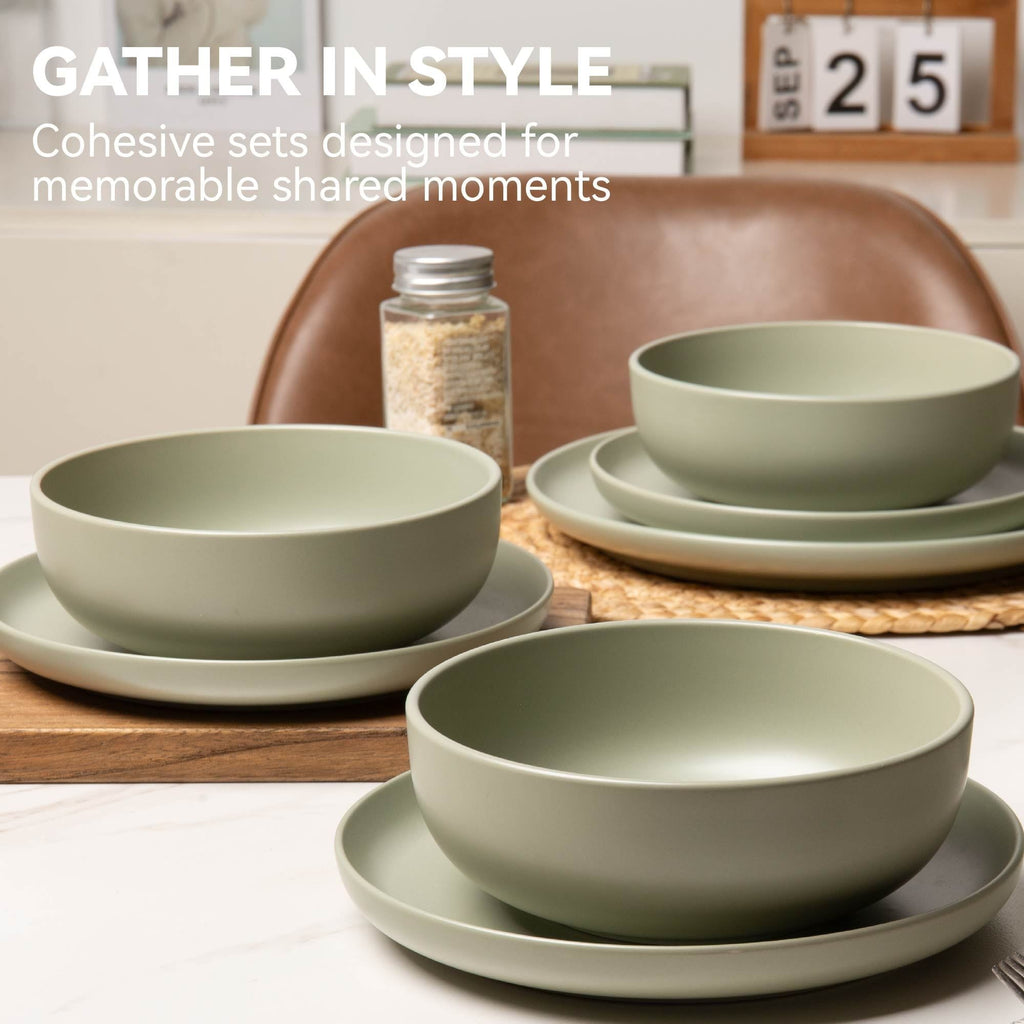 12-Piece Stoneware Dinnerware Sets with Mugs | Microwave & Dishwasher Safe | Non-Toxic Dinner Plates Bowls Set | Stackable Matte Glaze Kitchenware for 3 - MC Online