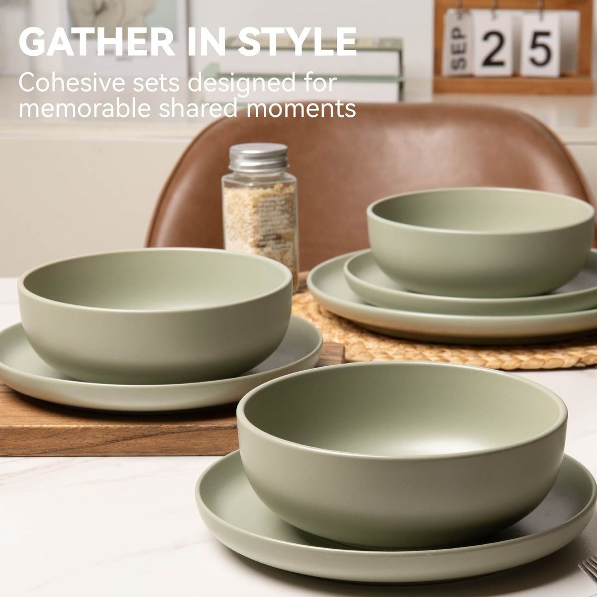 12-Piece Stoneware Dinnerware Sets with Mugs | Microwave & Dishwasher Safe | Non-Toxic Dinner Plates Bowls Set | Stackable Matte Glaze Kitchenware for 3 - MC Online