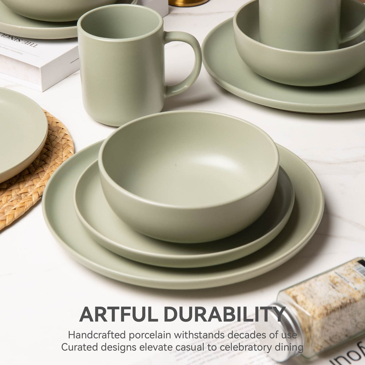 12-Piece Stoneware Dinnerware Sets with Mugs | Microwave & Dishwasher Safe | Non-Toxic Dinner Plates Bowls Set | Stackable Matte Glaze Kitchenware for 3 - MC Online