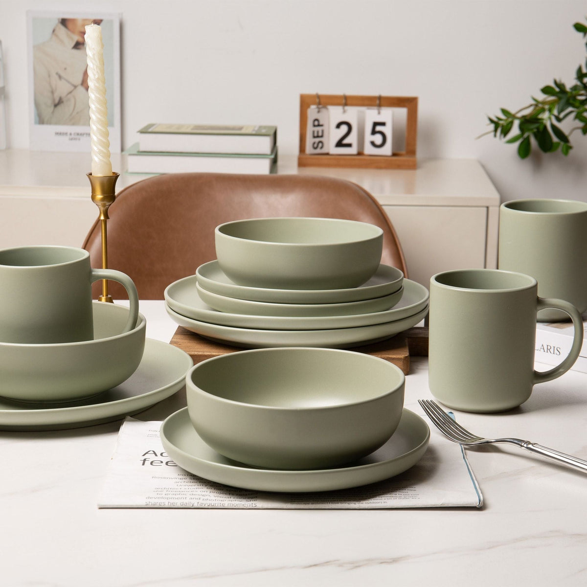 12-Piece Stoneware Dinnerware Sets with Mugs | Microwave & Dishwasher Safe | Non-Toxic Dinner Plates Bowls Set | Stackable Matte Glaze Kitchenware for 3 - MC Online
