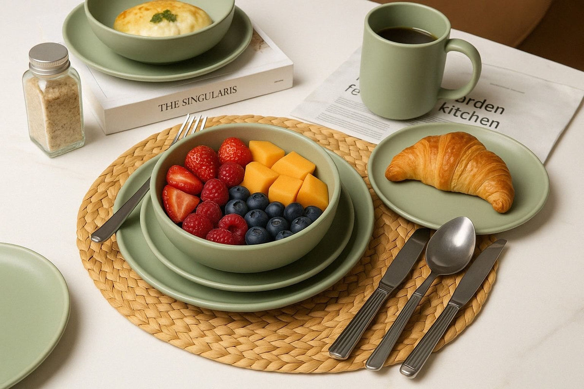 12-Piece Stoneware Dinnerware Sets with Mugs | Microwave & Dishwasher Safe | Non-Toxic Dinner Plates Bowls Set | Stackable Matte Glaze Kitchenware for 3 - MC Online