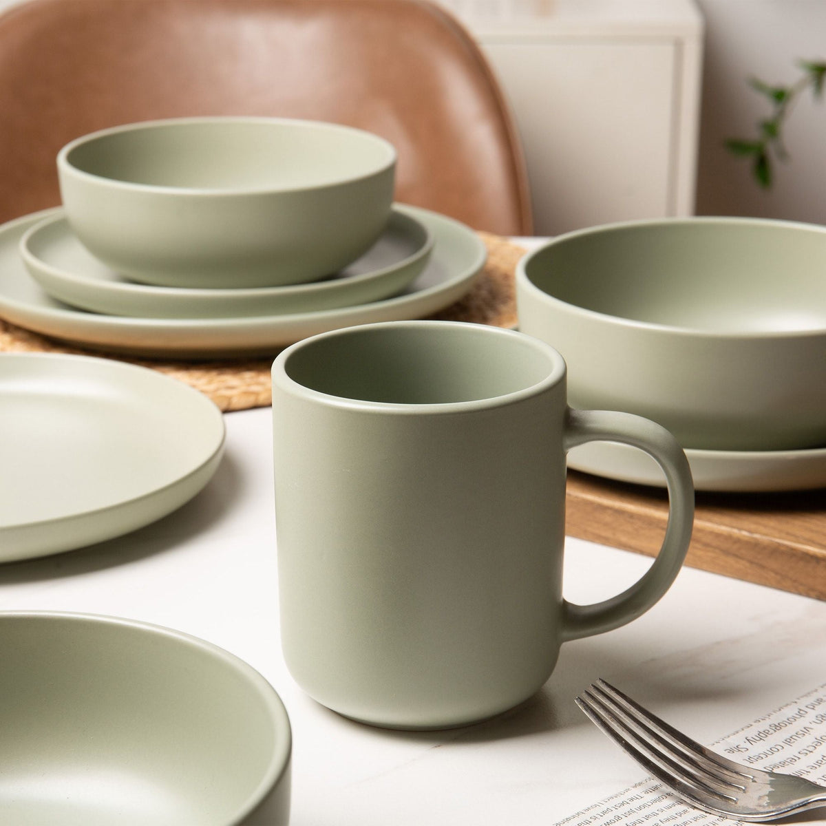 12-Piece Stoneware Dinnerware Sets with Mugs | Microwave & Dishwasher Safe | Non-Toxic Dinner Plates Bowls Set | Stackable Matte Glaze Kitchenware for 3 - MC Online