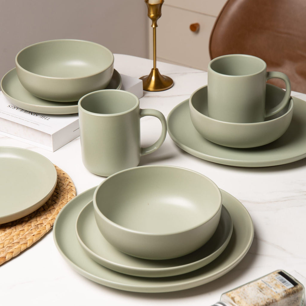 12-Piece Stoneware Dinnerware Sets with Mugs | Microwave & Dishwasher Safe | Non-Toxic Dinner Plates Bowls Set | Stackable Matte Glaze Kitchenware for 3 - MC Online