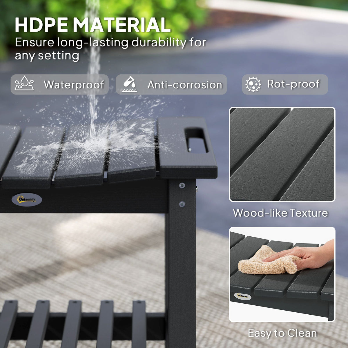 2-Tier Shower Bench, HDPE Weather Resistant Outdoor Side Table with Non-Slip Pads, Handles for Patio, Pool, Black - MC Online