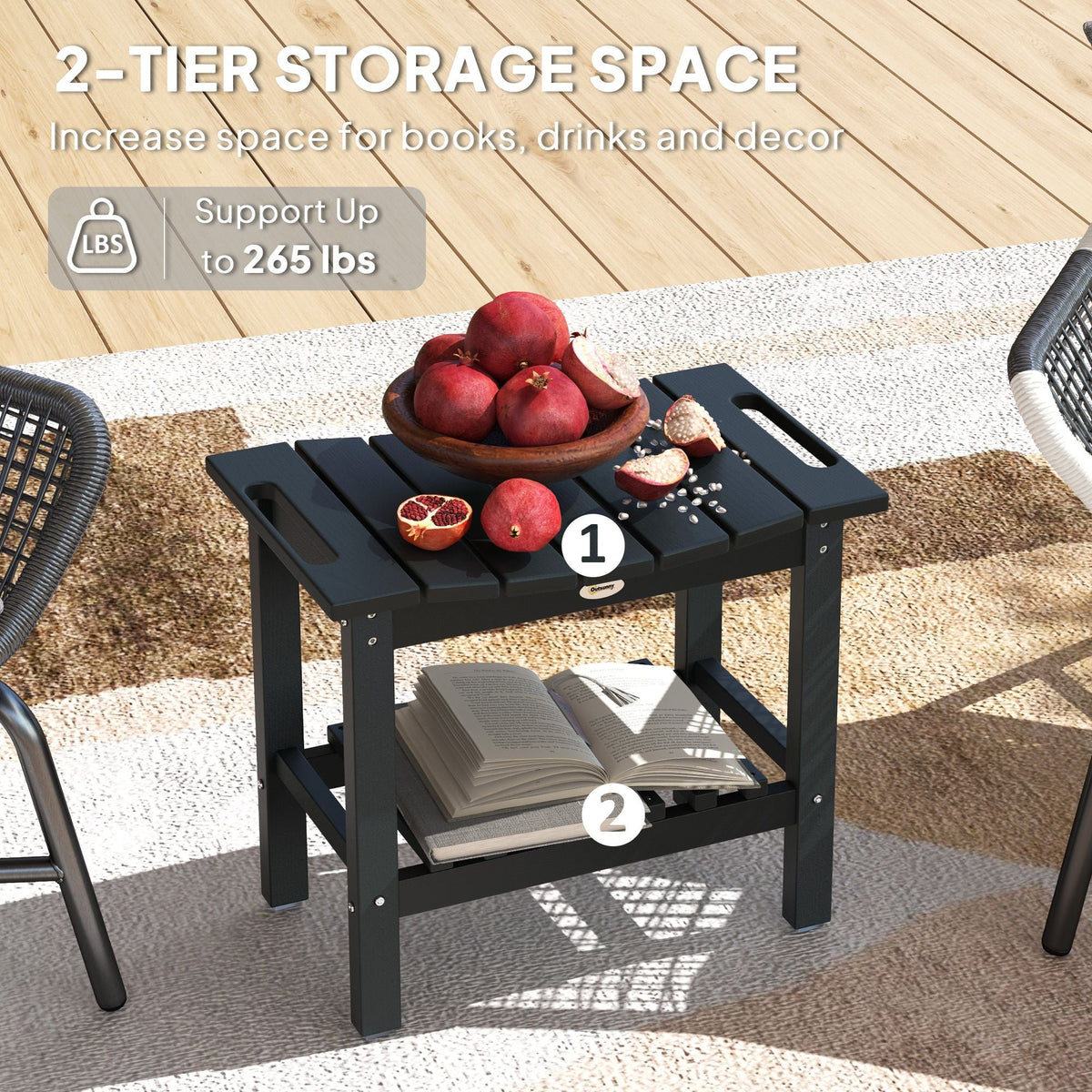 2-Tier Shower Bench, HDPE Weather Resistant Outdoor Side Table with Non-Slip Pads, Handles for Patio, Pool, Black - MC Online