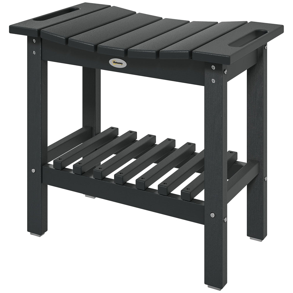 2-Tier Shower Bench, HDPE Weather Resistant Outdoor Side Table with Non-Slip Pads, Handles for Patio, Pool, Black - MC Online