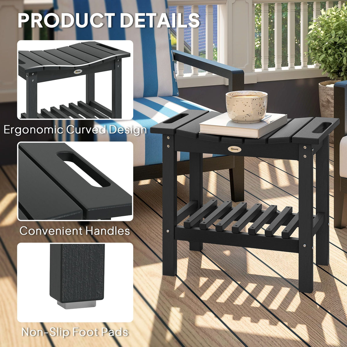 2-Tier Shower Bench, HDPE Weather Resistant Outdoor Side Table with Non-Slip Pads, Handles for Patio, Pool, Black - MC Online