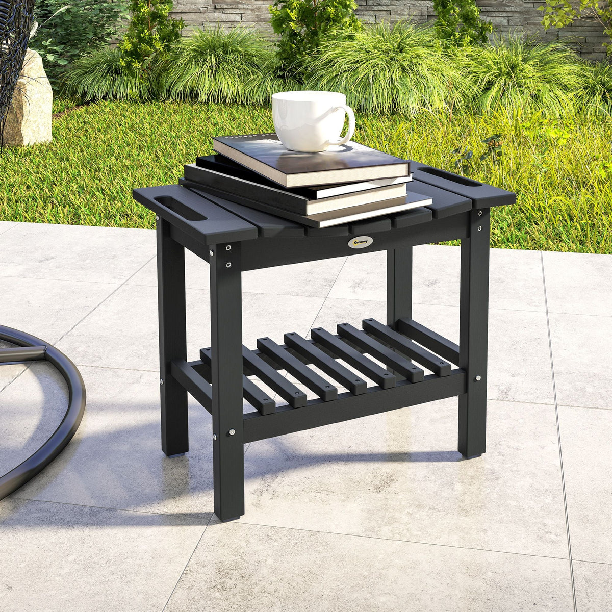 2-Tier Shower Bench, HDPE Weather Resistant Outdoor Side Table with Non-Slip Pads, Handles for Patio, Pool, Black - MC Online