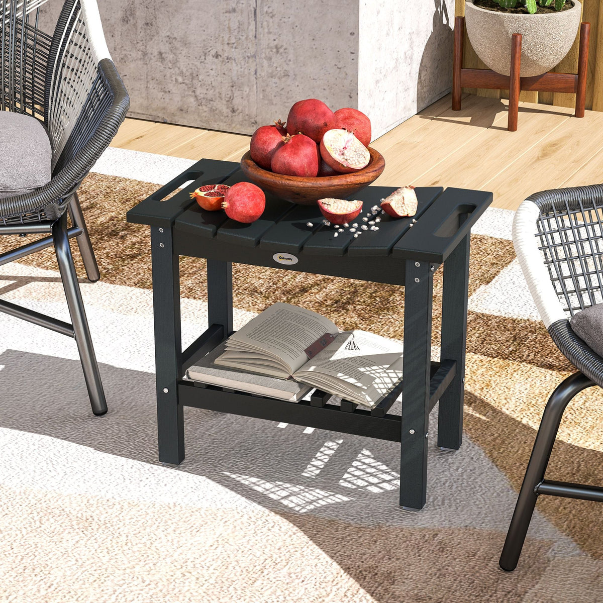 2-Tier Shower Bench, HDPE Weather Resistant Outdoor Side Table with Non-Slip Pads, Handles for Patio, Pool, Black - MC Online