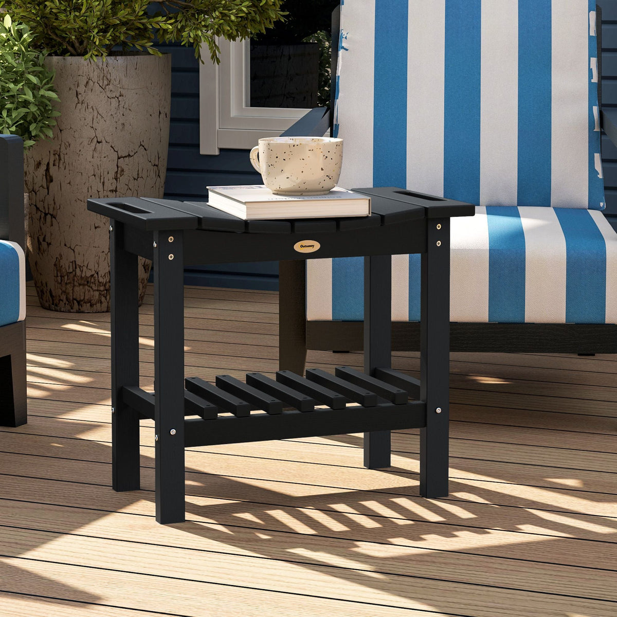 2-Tier Shower Bench, HDPE Weather Resistant Outdoor Side Table with Non-Slip Pads, Handles for Patio, Pool, Black - MC Online