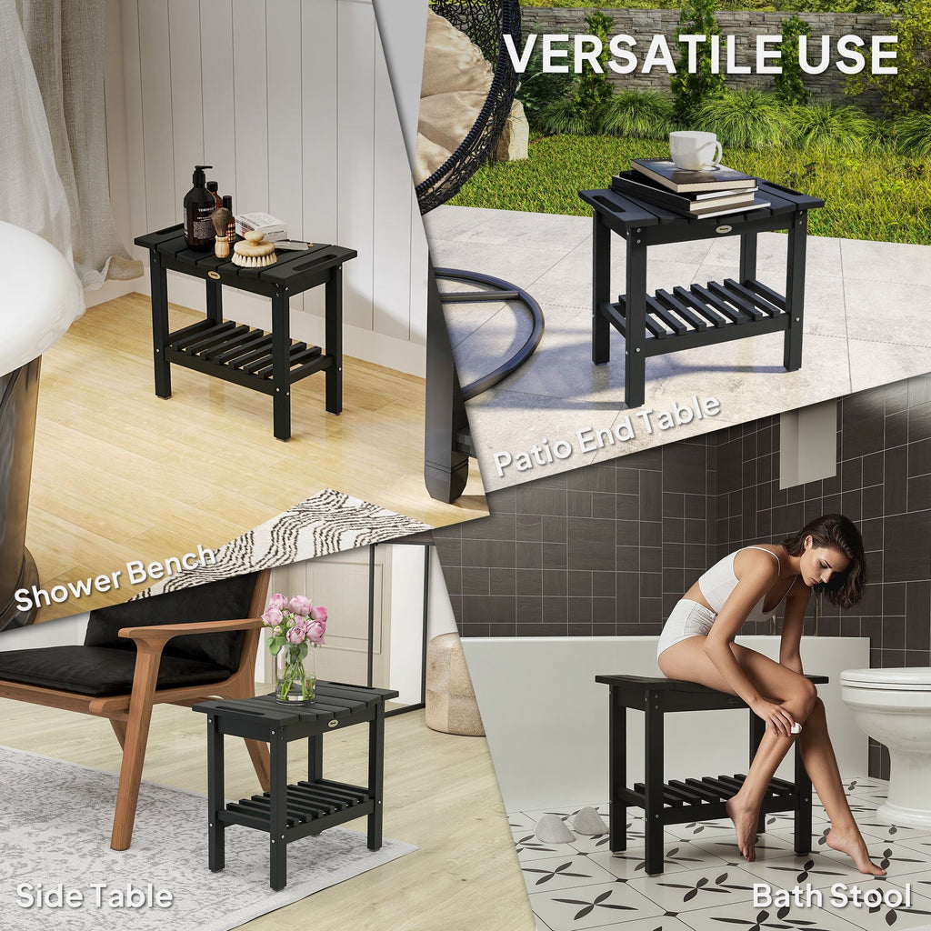 2-Tier Shower Bench, HDPE Weather Resistant Outdoor Side Table with Non-Slip Pads, Handles for Patio, Pool, Black - MC Online