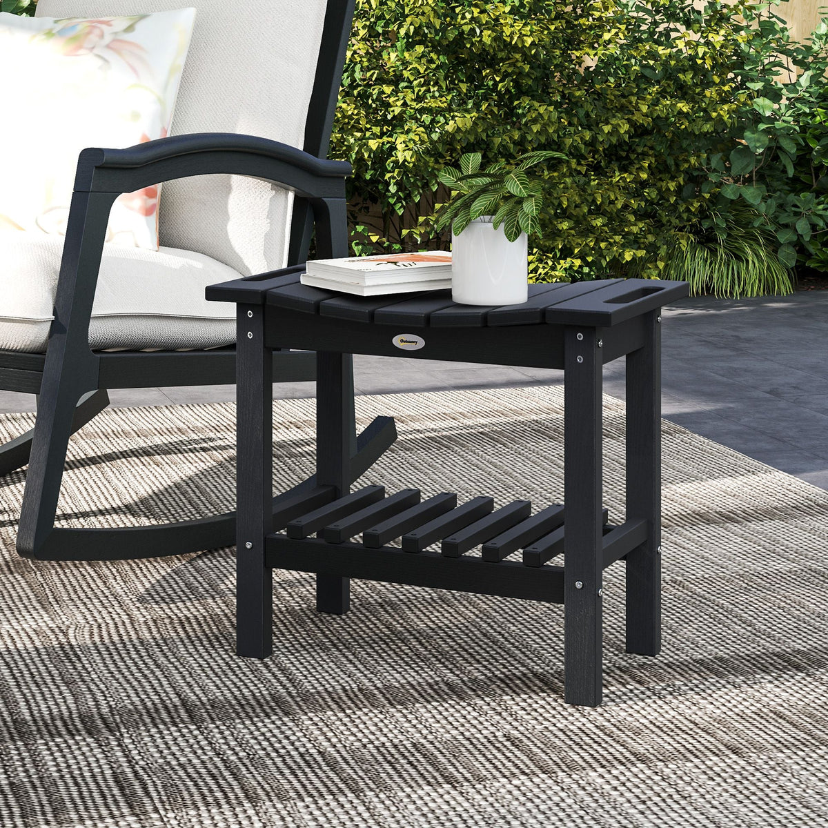 2-Tier Shower Bench, HDPE Weather Resistant Outdoor Side Table with Non-Slip Pads, Handles for Patio, Pool, Black - MC Online