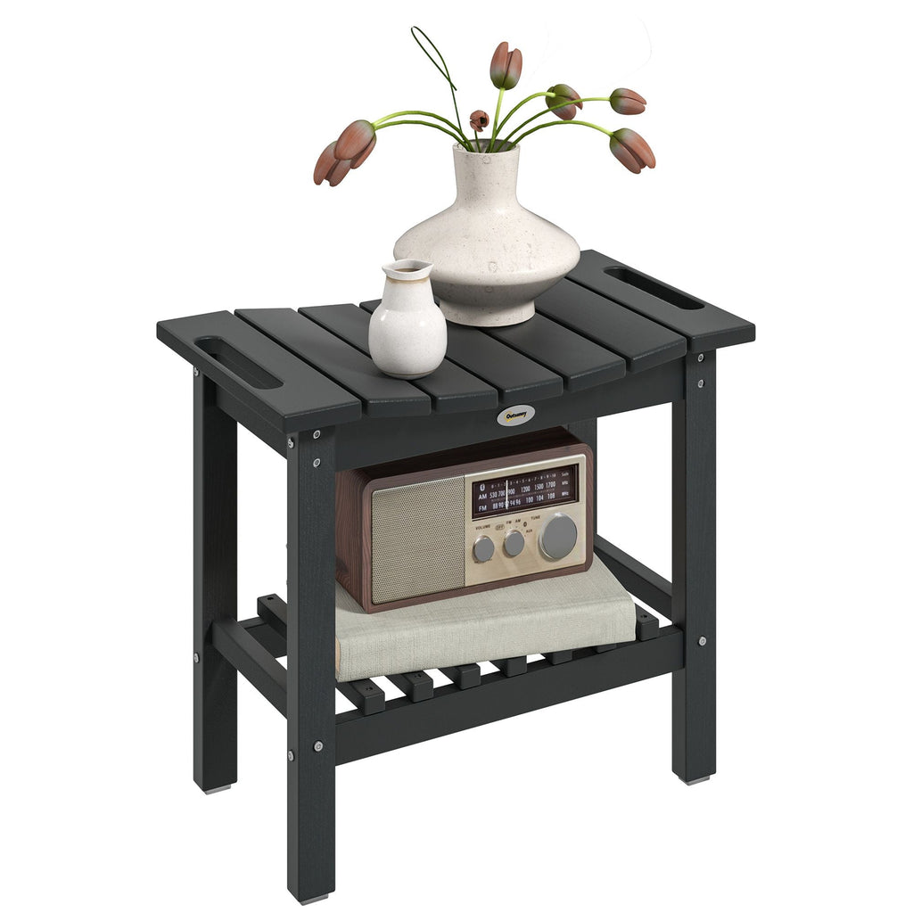 2-Tier Shower Bench, HDPE Weather Resistant Outdoor Side Table with Non-Slip Pads, Handles for Patio, Pool, Black - MC Online