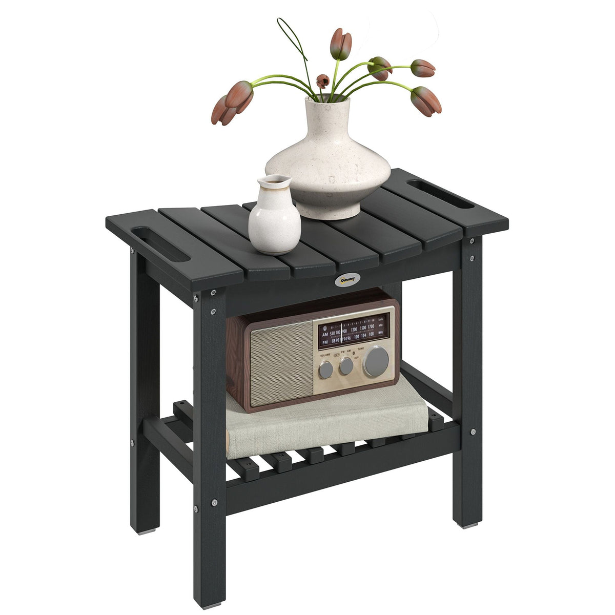 2-Tier Shower Bench, HDPE Weather Resistant Outdoor Side Table with Non-Slip Pads, Handles for Patio, Pool, Black - MC Online
