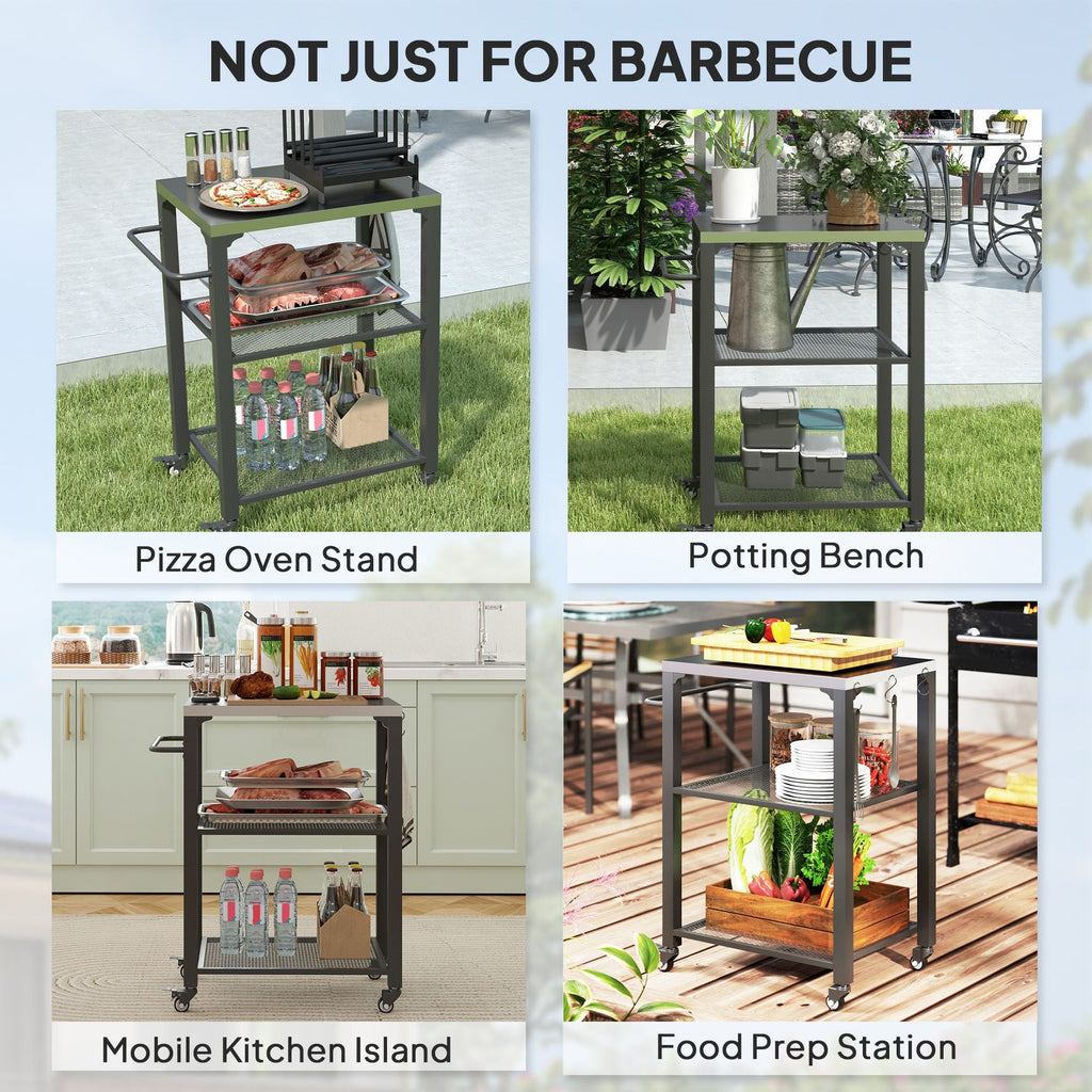 3-Shelf Outdoor Grill Cart with Stainless Steel Tabletop, Movable Pizza Oven Table with Hooks, Side Handle, Wheels - MC Online