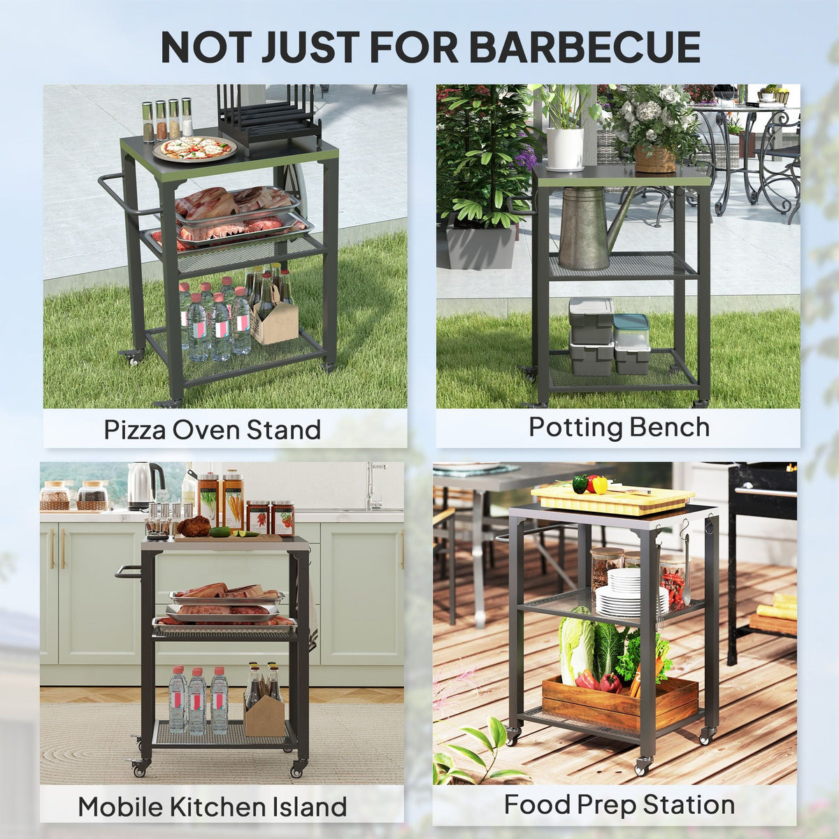 3-Shelf Outdoor Grill Cart with Stainless Steel Tabletop, Movable Pizza Oven Table with Hooks, Side Handle, Wheels - MC Online