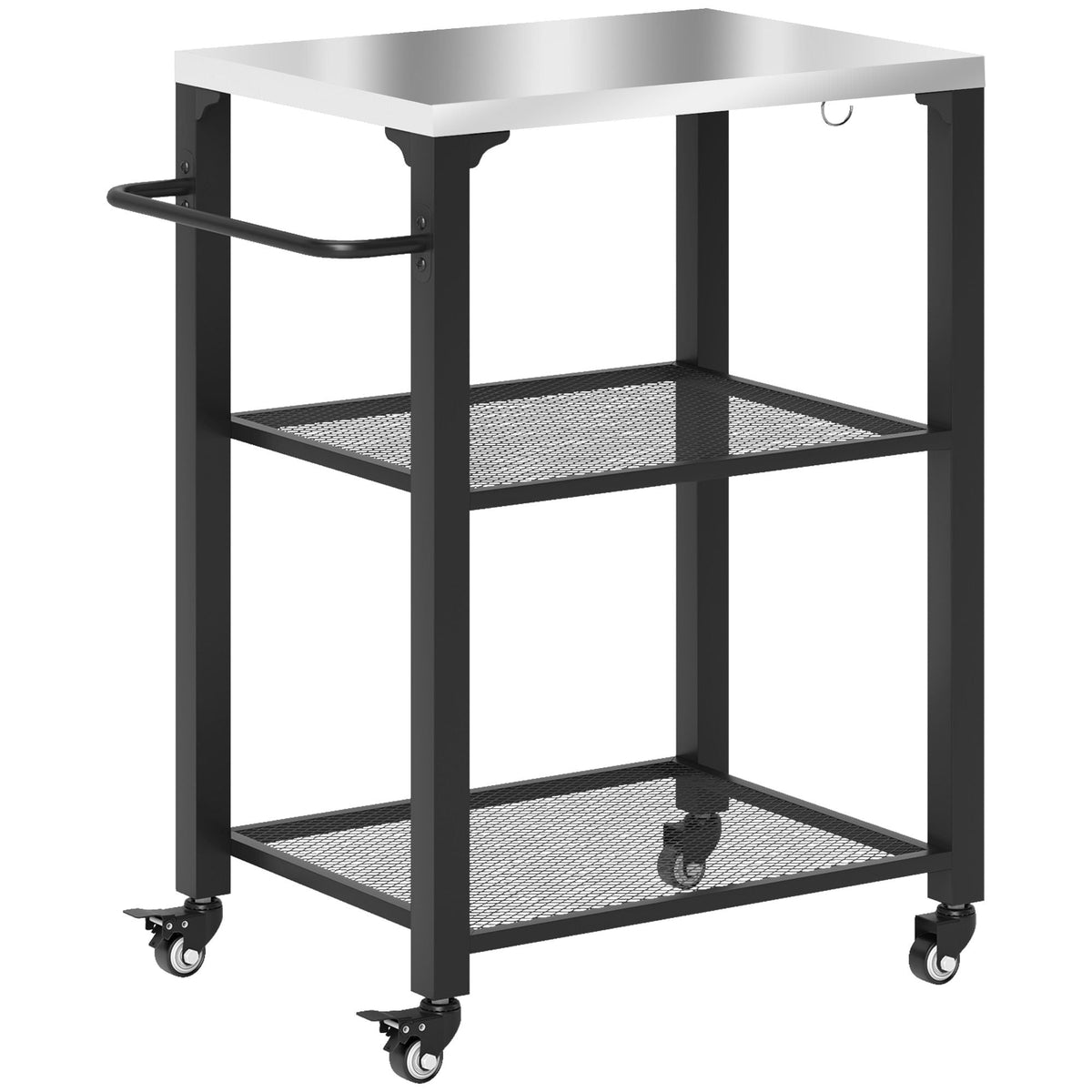 3-Shelf Outdoor Grill Cart with Stainless Steel Tabletop, Movable Pizza Oven Table with Hooks, Side Handle, Wheels - MC Online