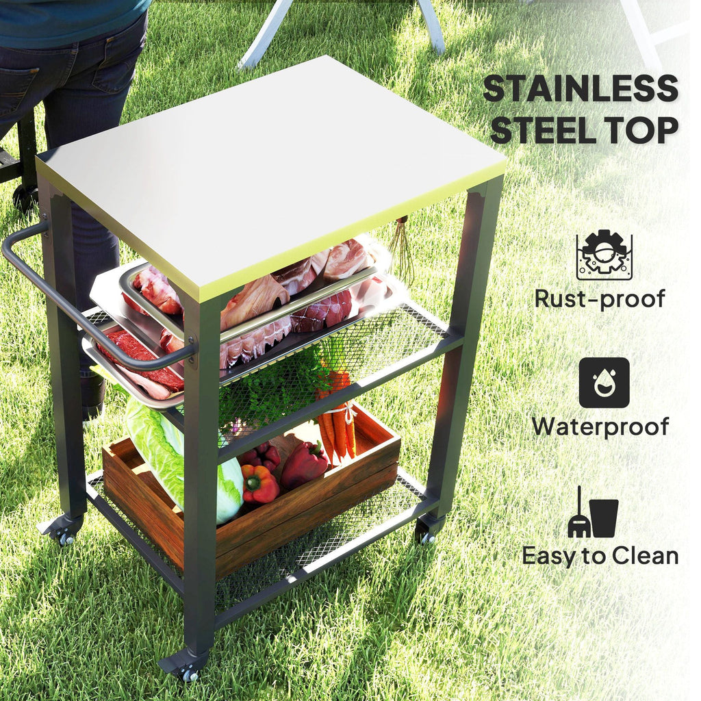 3-Shelf Outdoor Grill Cart with Stainless Steel Tabletop, Movable Pizza Oven Table with Hooks, Side Handle, Wheels - MC Online