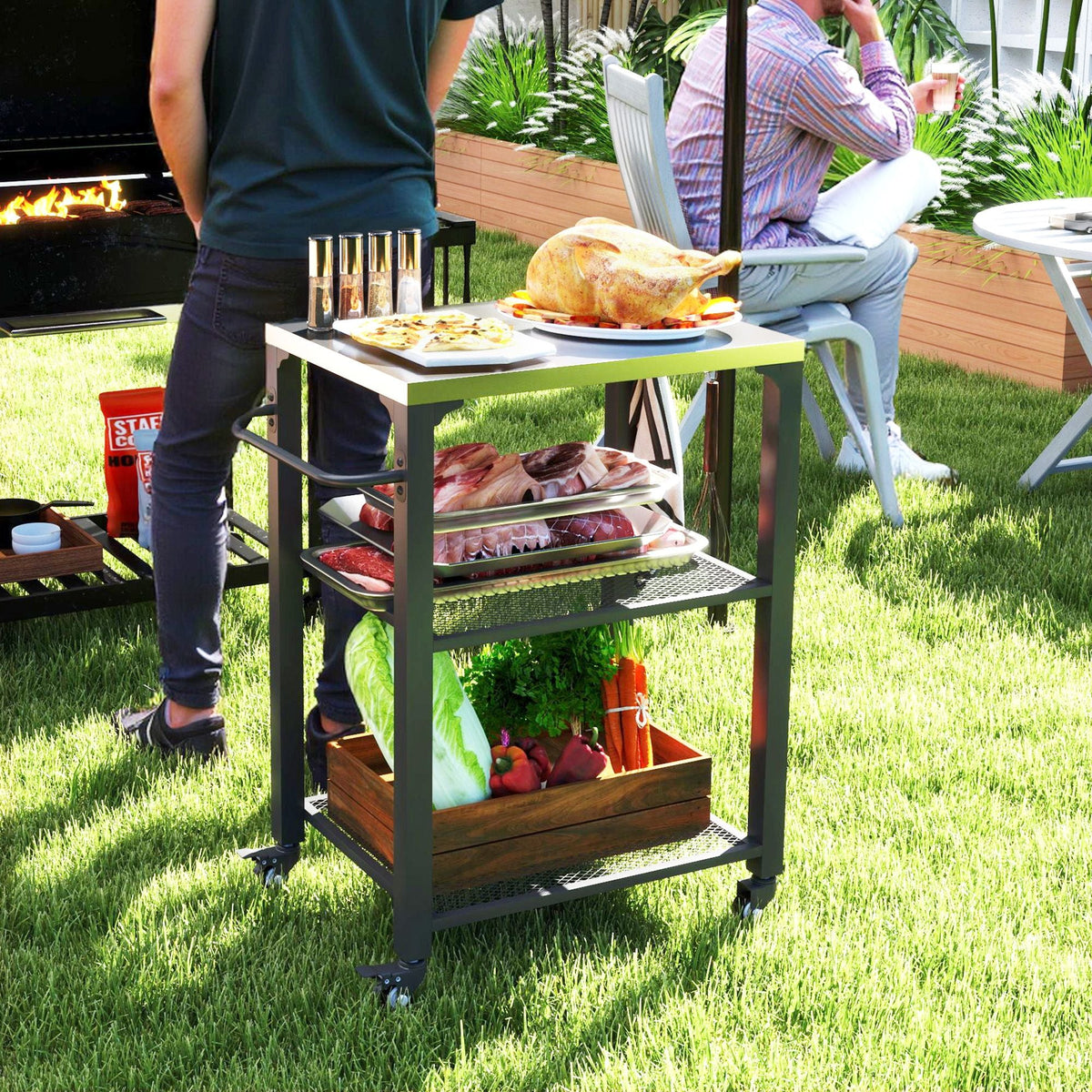 3-Shelf Outdoor Grill Cart with Stainless Steel Tabletop, Movable Pizza Oven Table with Hooks, Side Handle, Wheels - MC Online
