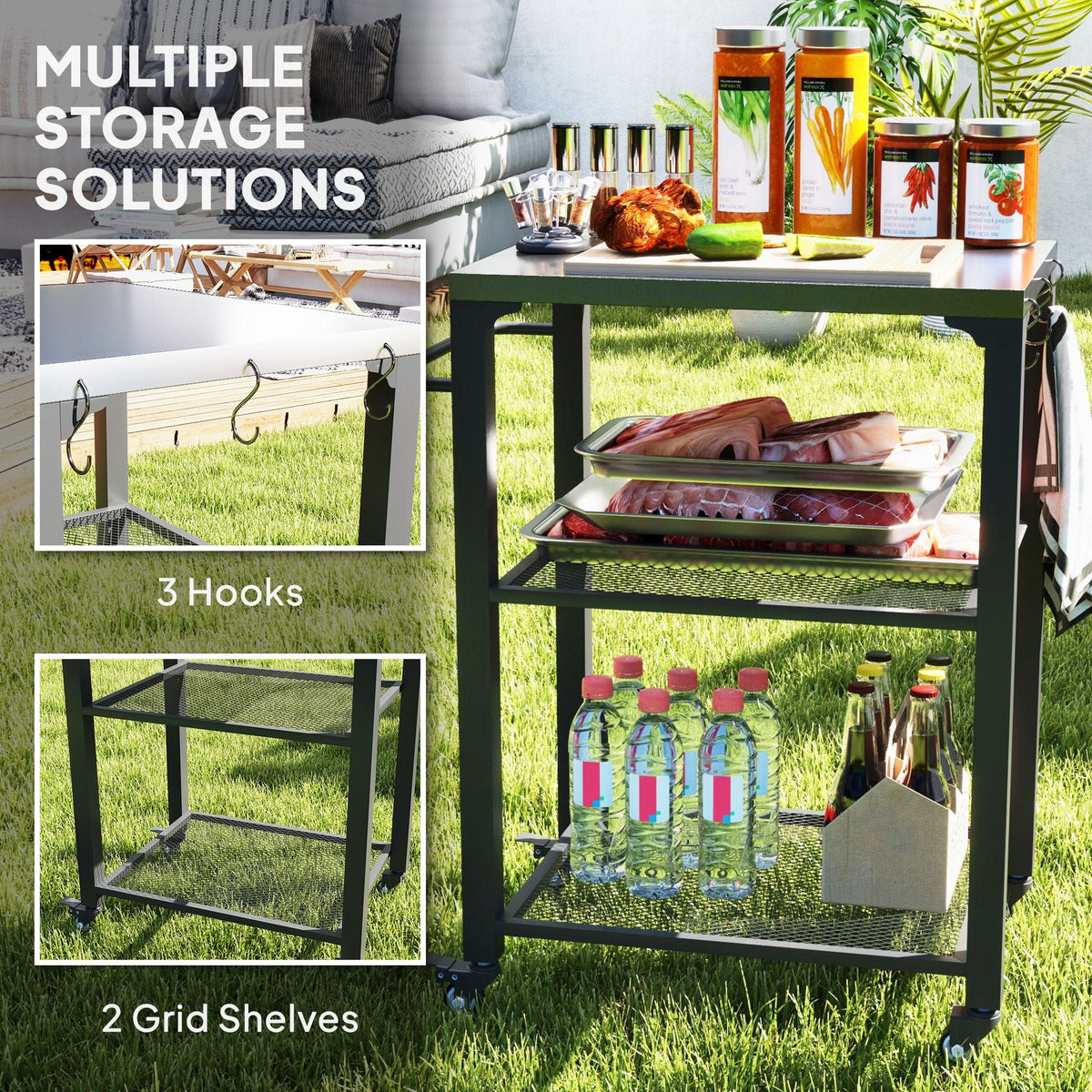 3-Shelf Outdoor Grill Cart with Stainless Steel Tabletop, Movable Pizza Oven Table with Hooks, Side Handle, Wheels - MC Online