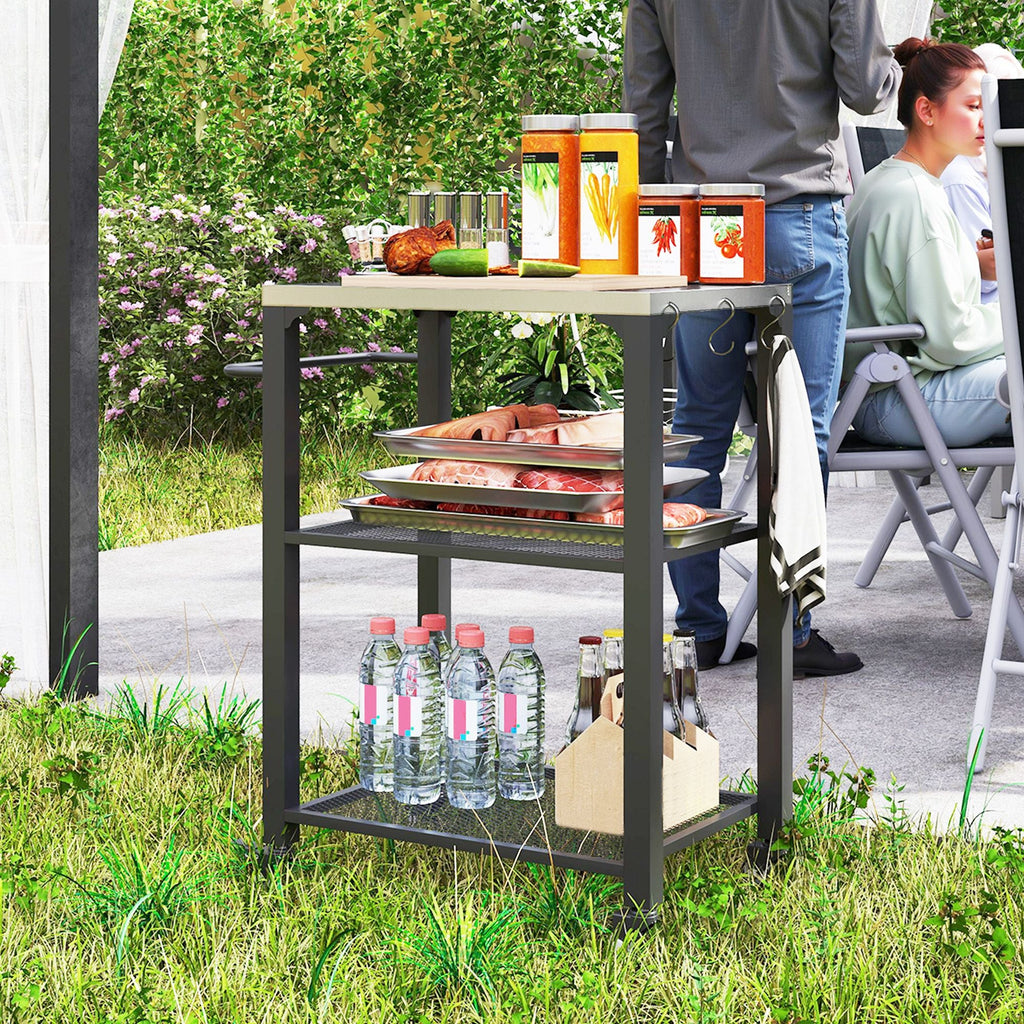 3-Shelf Outdoor Grill Cart with Stainless Steel Tabletop, Movable Pizza Oven Table with Hooks, Side Handle, Wheels - MC Online