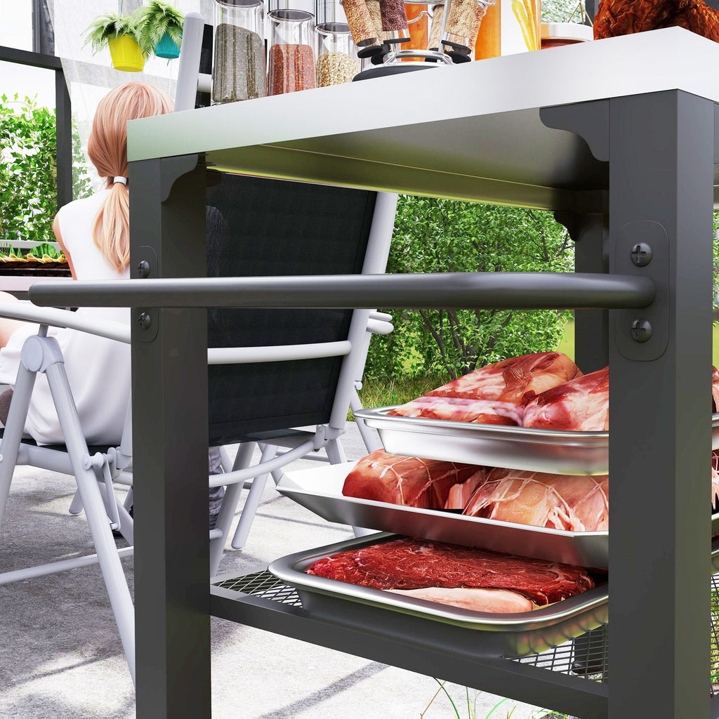 3-Shelf Outdoor Grill Cart with Stainless Steel Tabletop, Movable Pizza Oven Table with Hooks, Side Handle, Wheels - MC Online