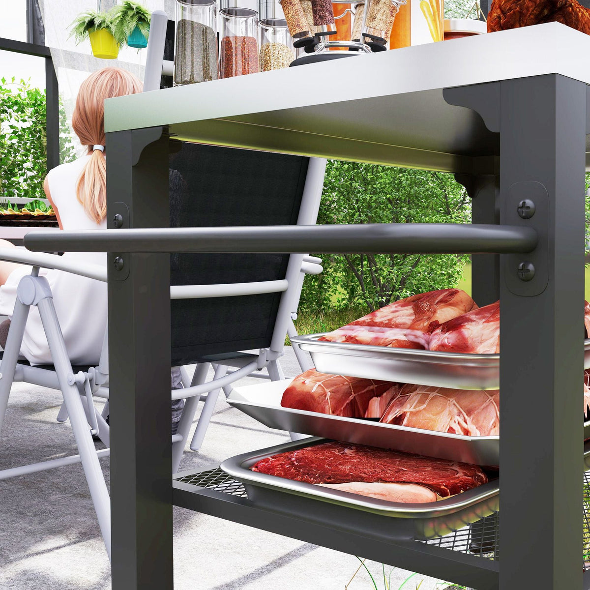 3-Shelf Outdoor Grill Cart with Stainless Steel Tabletop, Movable Pizza Oven Table with Hooks, Side Handle, Wheels - MC Online