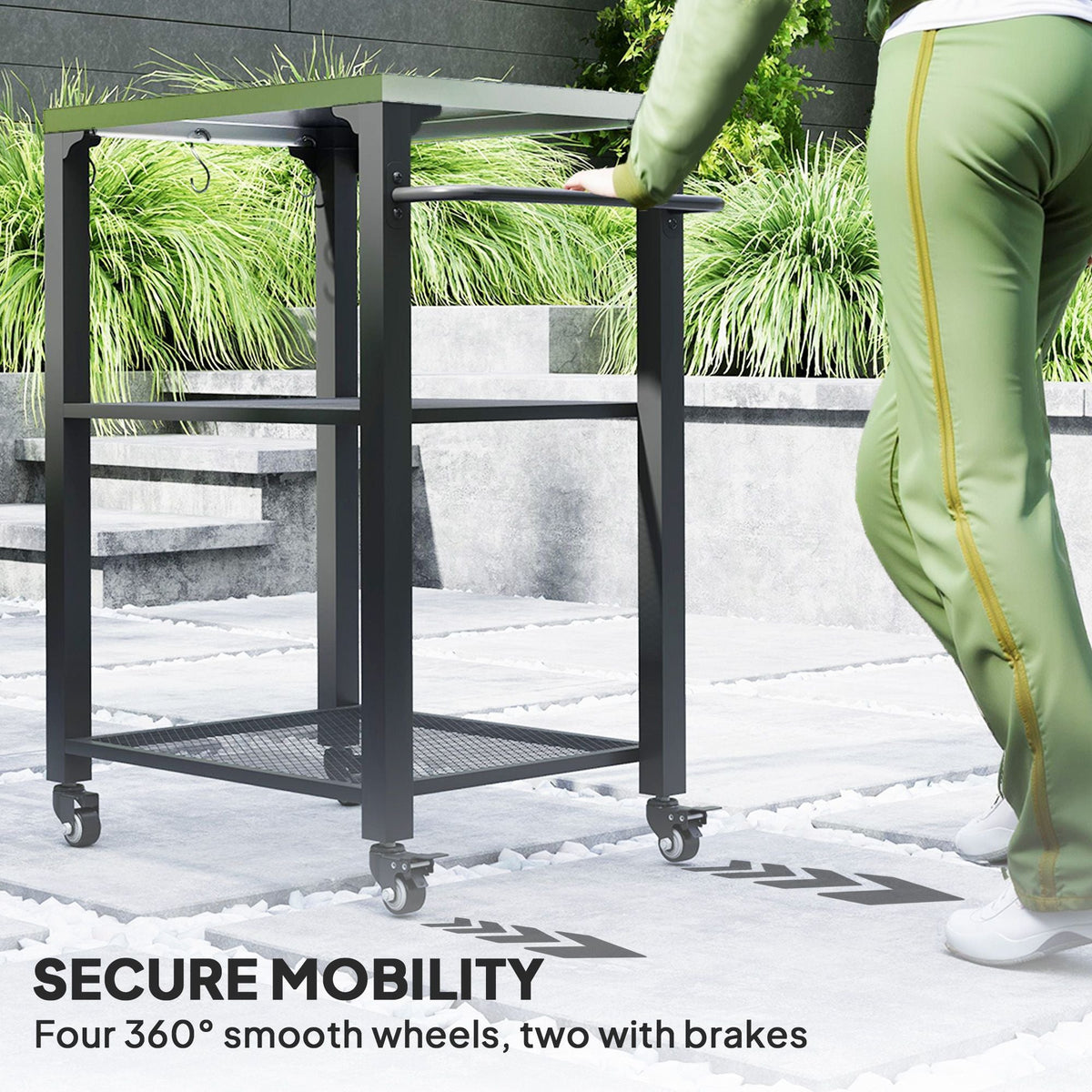 3-Shelf Outdoor Grill Cart with Stainless Steel Tabletop, Movable Pizza Oven Table with Hooks, Side Handle, Wheels - MC Online