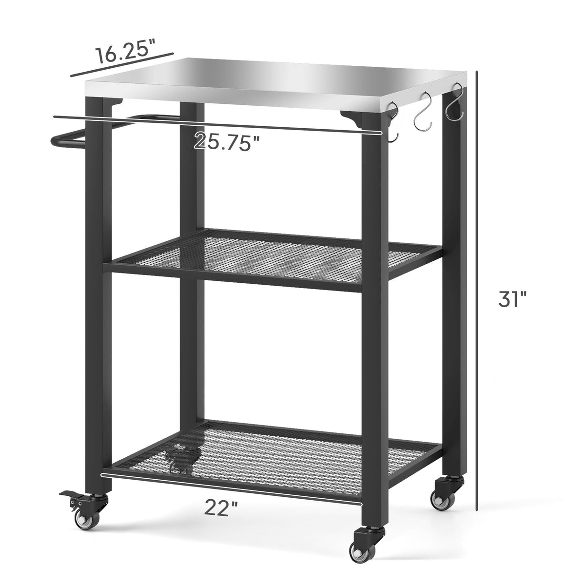 3-Shelf Outdoor Grill Cart with Stainless Steel Tabletop, Movable Pizza Oven Table with Hooks, Side Handle, Wheels - MC Online