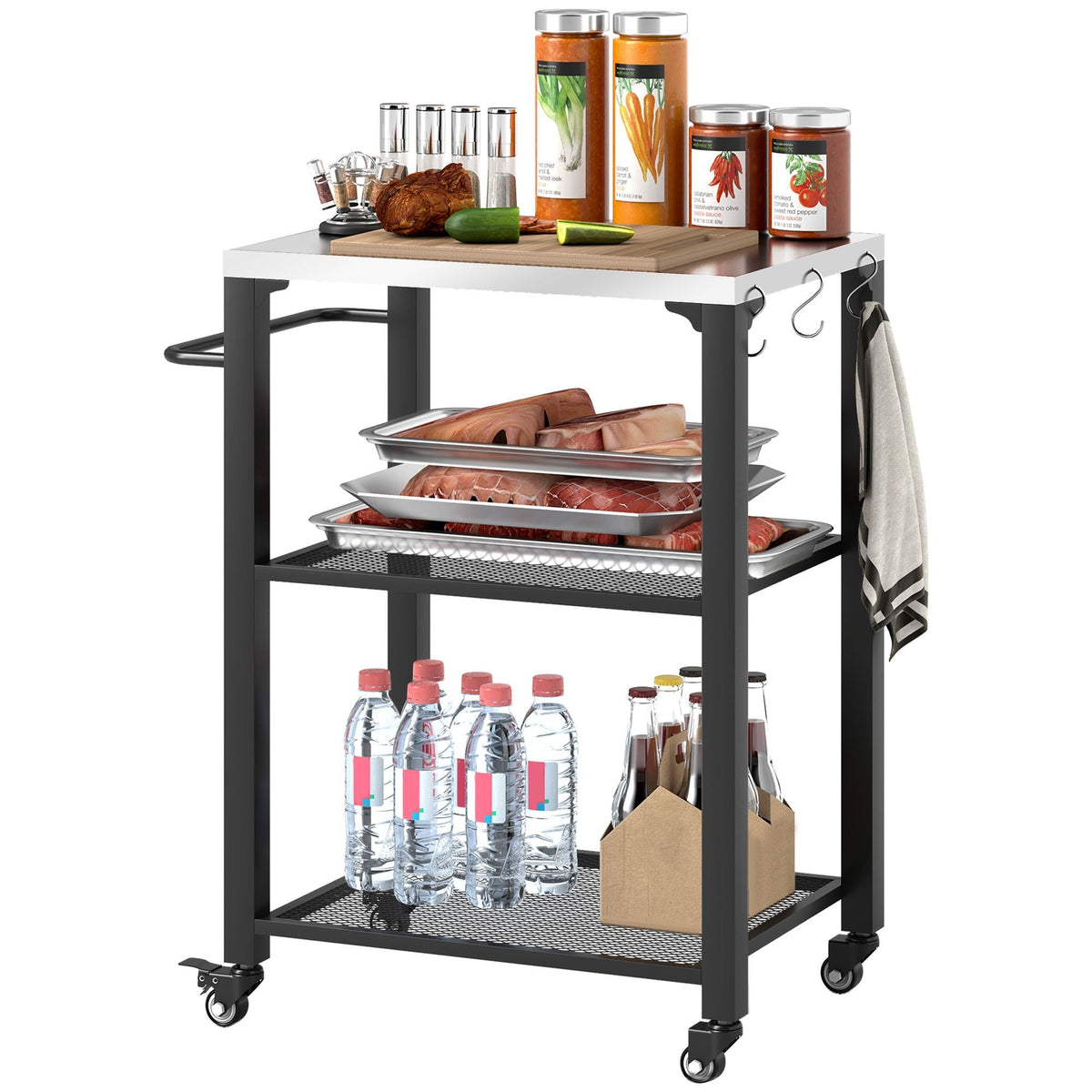 3-Shelf Outdoor Grill Cart with Stainless Steel Tabletop, Movable Pizza Oven Table with Hooks, Side Handle, Wheels - MC Online