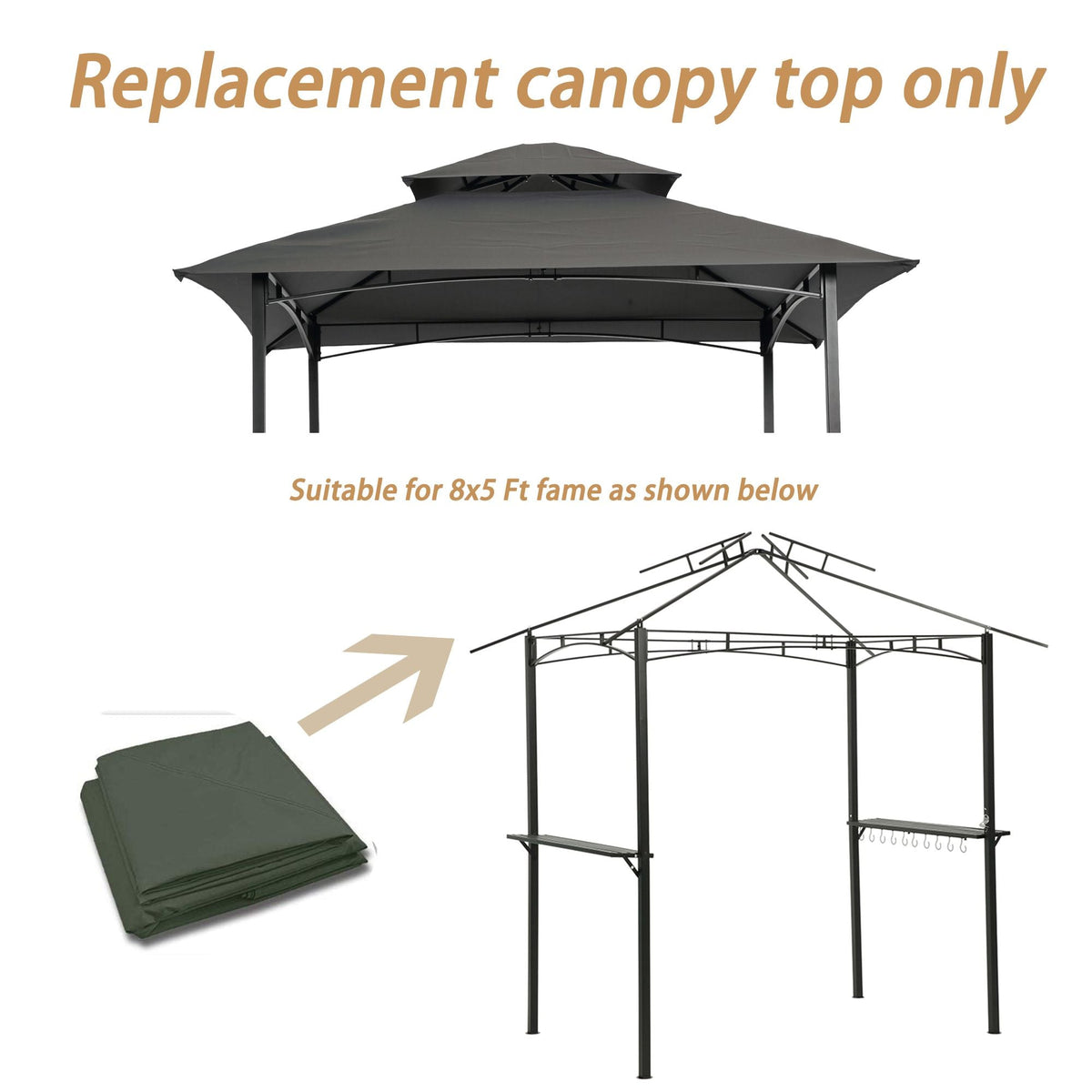 8x5Ft Grill Gazebo Replacement Canopy Only!!!! NO Metal Structure!!! Double Tiered BBQ Tent Roof Top Cover - MC Online