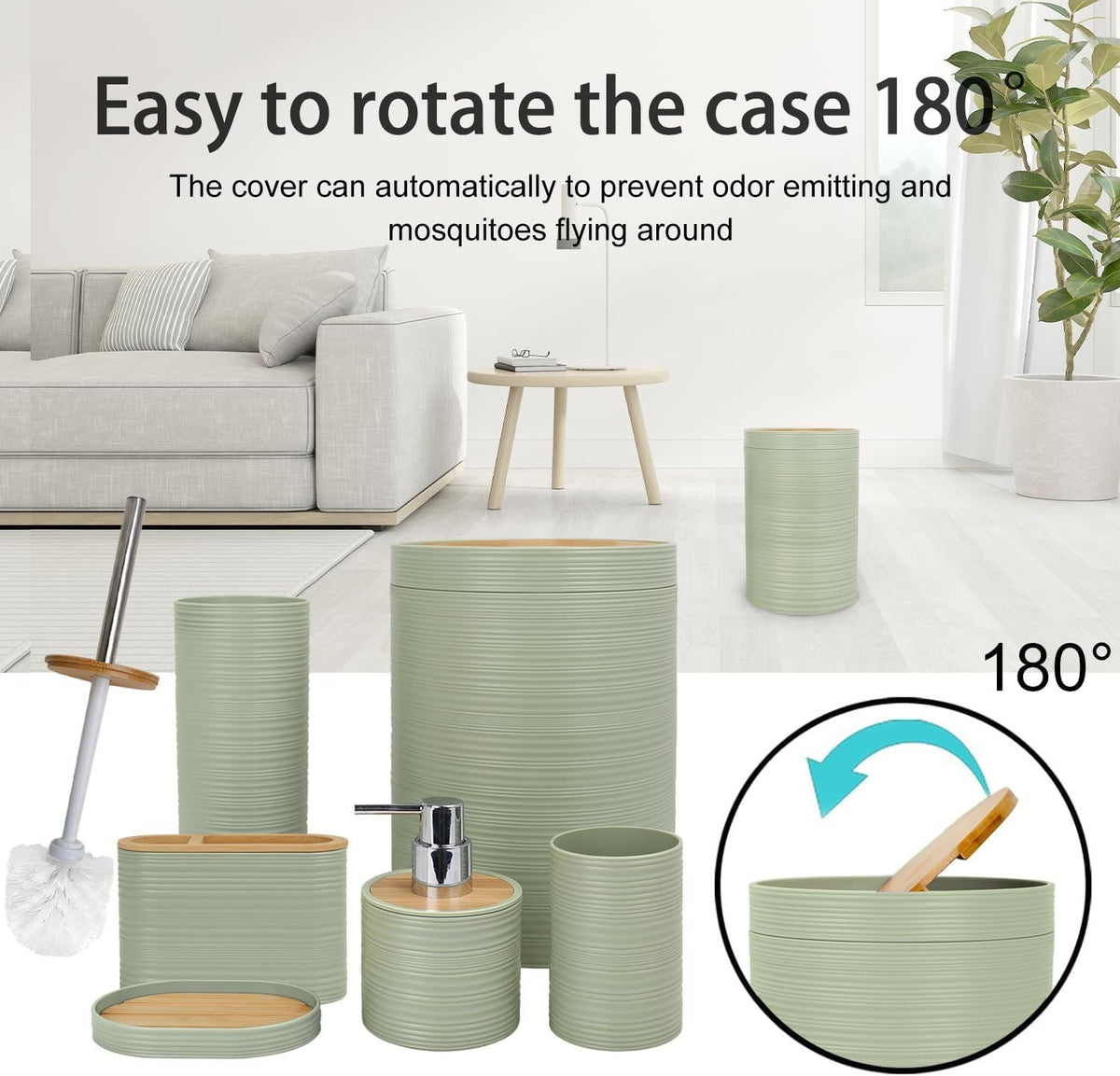 Bathroom Accessories Set 6 Piece Bamboo Bath Ensemble Includes Soap Dispenser, Toothbrush Holder, Toothbrush Cup, Soap Dish for Decorative Countertop and Housewarming Gift, Sriral Green - MC Online