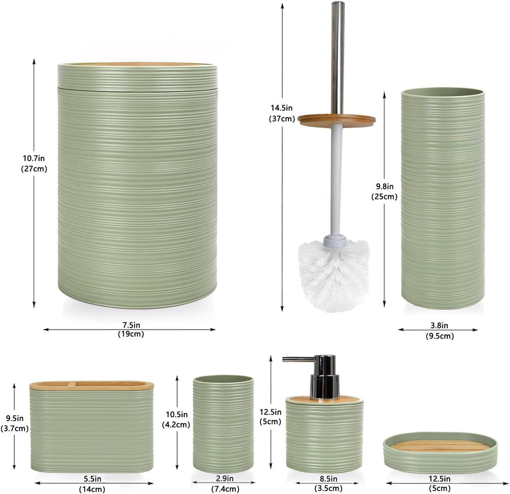 Bathroom Accessories Set 6 Piece Bamboo Bath Ensemble Includes Soap Dispenser, Toothbrush Holder, Toothbrush Cup, Soap Dish for Decorative Countertop and Housewarming Gift, Sriral Green - MC Online