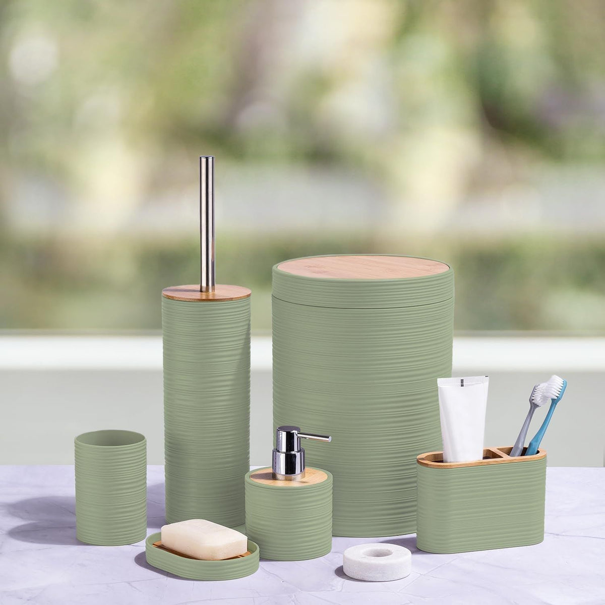 Bathroom Accessories Set 6 Piece Bamboo Bath Ensemble Includes Soap Dispenser, Toothbrush Holder, Toothbrush Cup, Soap Dish for Decorative Countertop and Housewarming Gift, Sriral Green - MC Online