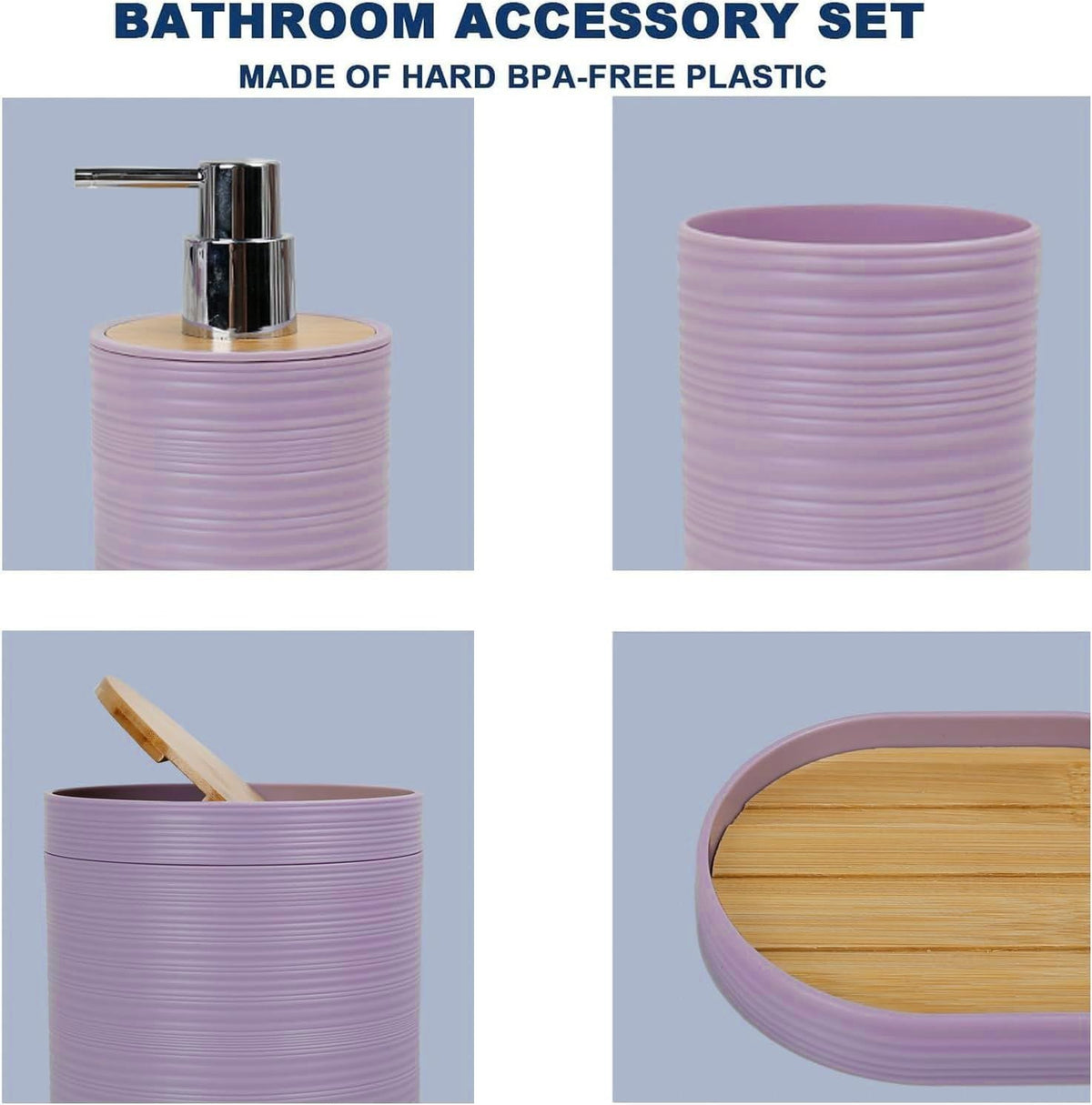 Bathroom Accessories Set 6 Piece Bamboo Bath Ensemble Includes Soap Dispenser, Toothbrush Holder, Toothbrush Cup, Soap Dish for Decorative Countertop and Housewarming Gift, Sriral Purple - MC Online