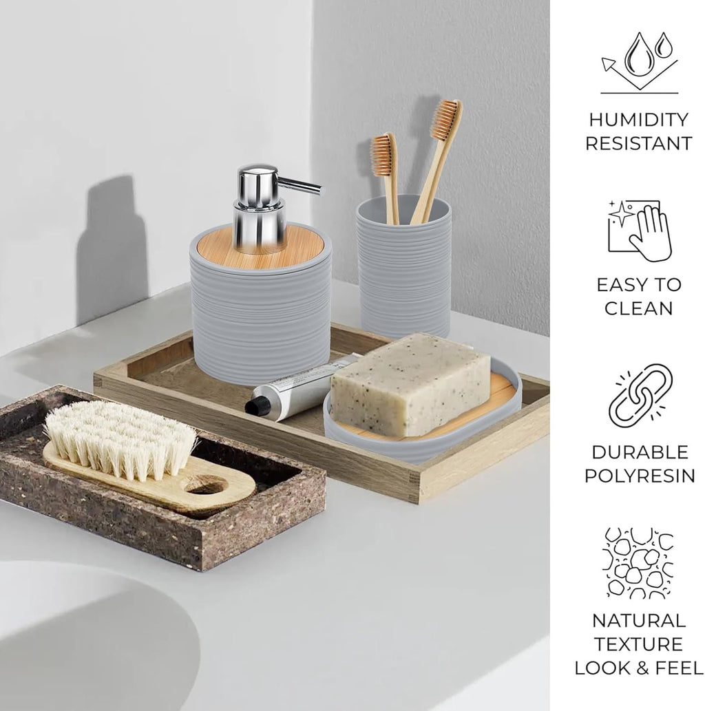 Bathroom Accessories Set 6 Piece Bamboo Bath Ensemble Includes Soap Dispenser, Toothbrush Holder, Toothbrush Cup, Soap Dish for Decorative Countertop and Housewarming Gift, Sriral Grey - MC Online